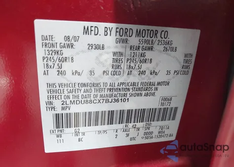 2007 Lincoln Mkx из США, поврежденный, VIN 2LMDU88CX7BJ36101